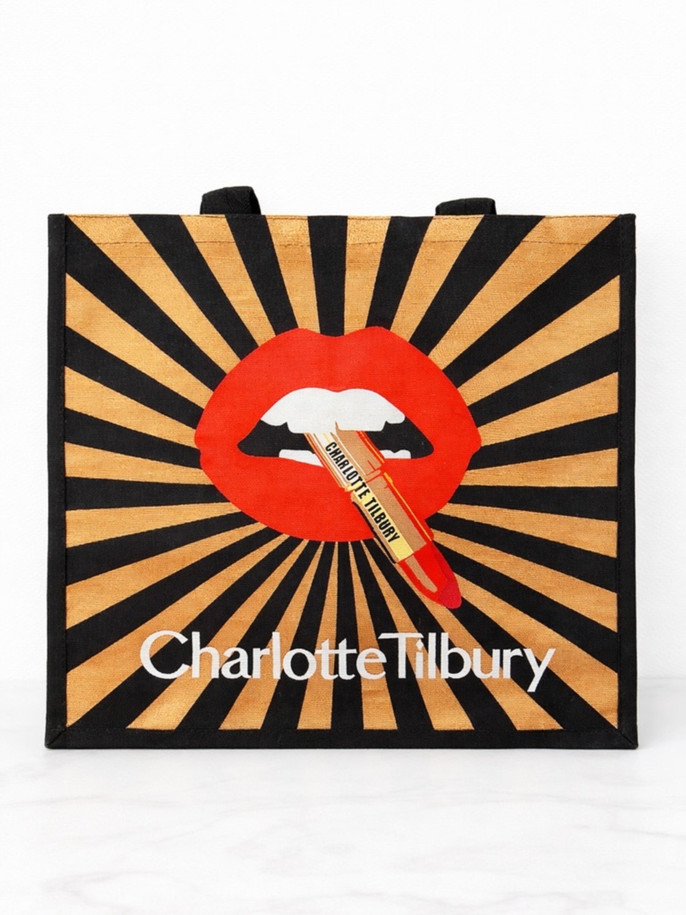 Charlotte Tilbury Lip Graphic Tote - Black & Gold with Red Accent